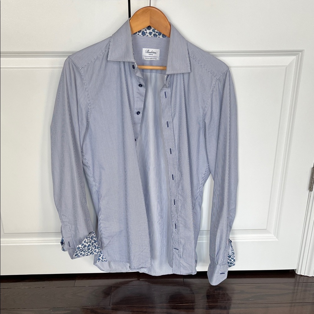 Men's Stenstroms Light Blue Fine-Striped Dress Shirt with Floral Trim 15.5”